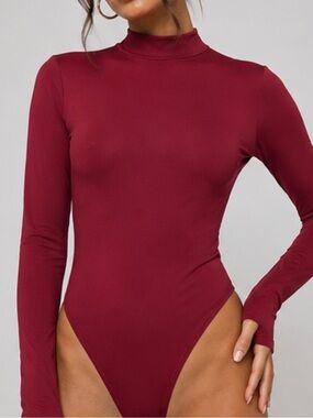 Nasty Gal Wine Mock Neck Long Sleeve Bodysuit